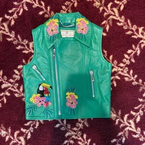 Philipp Plein Green Leather Vest with Floral and Toucan Embroidery